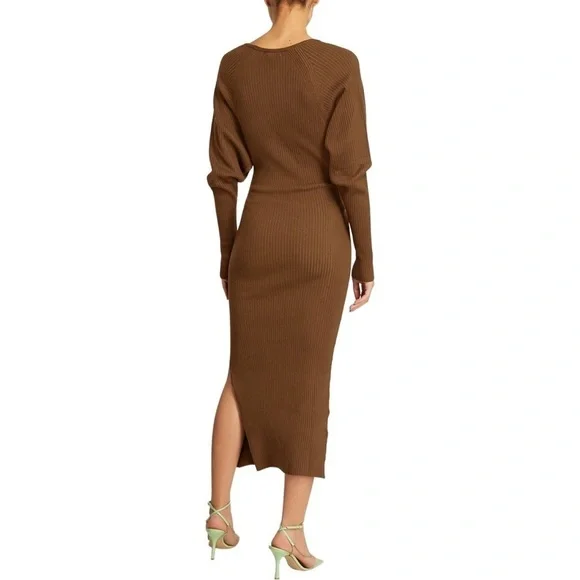 Good American | Long Sleeve Belted Body Midi Dress in Sepia - Size 1 / 2 - Picture 2 of 12